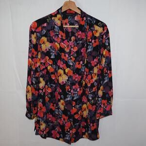 Investments Blouse Button Down Floral Multicolor 3/4 sleeves